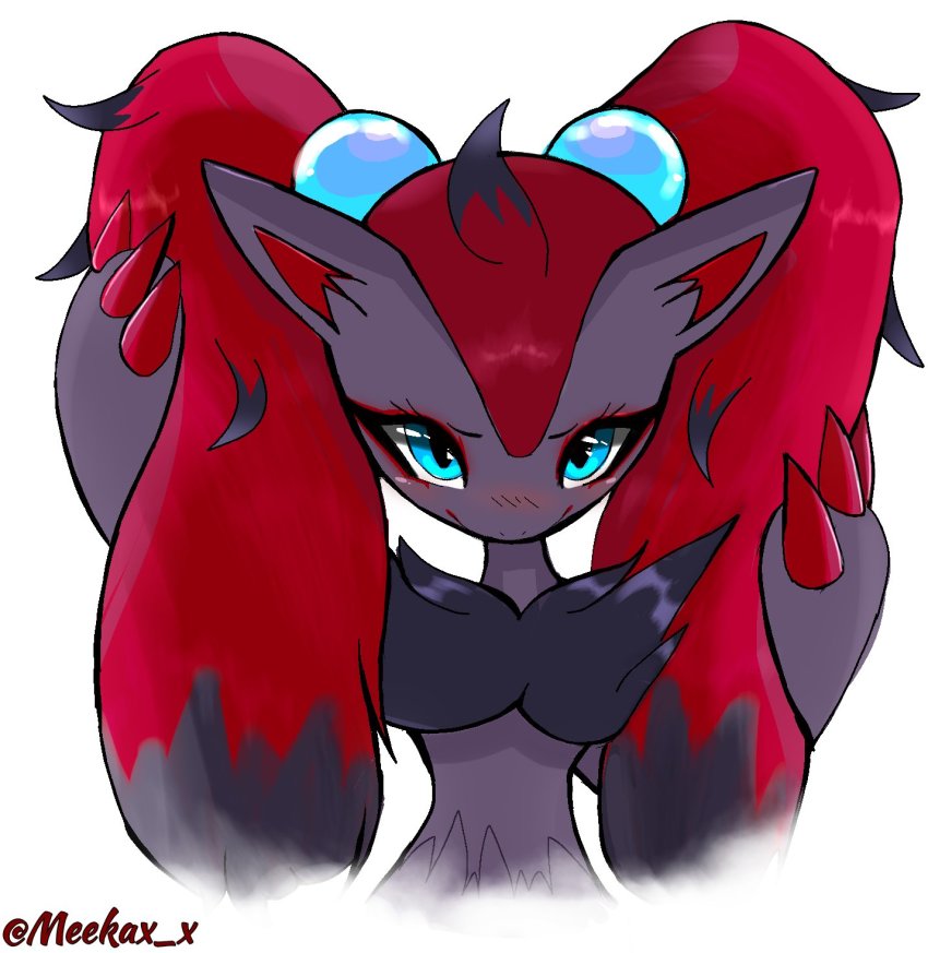1girl, alternate_hairstyle, animal_ears, animal_hands, artist_name, black_fur, black_hair, blue_eyes, blush, body_fur, claws, closed_mouth, cropped_torso, female_focus, furry, furry_female, gen_5_pokemon, hair_bobbles, hair_ornament, hands_up, highres, long_hair, looking_at_viewer, meeka, multicolored_hair, nintendo, nose_blush, pokemon, pokemon_(creature), red_hair, simple_background, solo, sphere_hair_ornament, straight-on, twintails, twitter_username, two-tone_fur, two-tone_hair, upper_body, watermark, white_background, wolf_ears, wolf_girl, zoroark