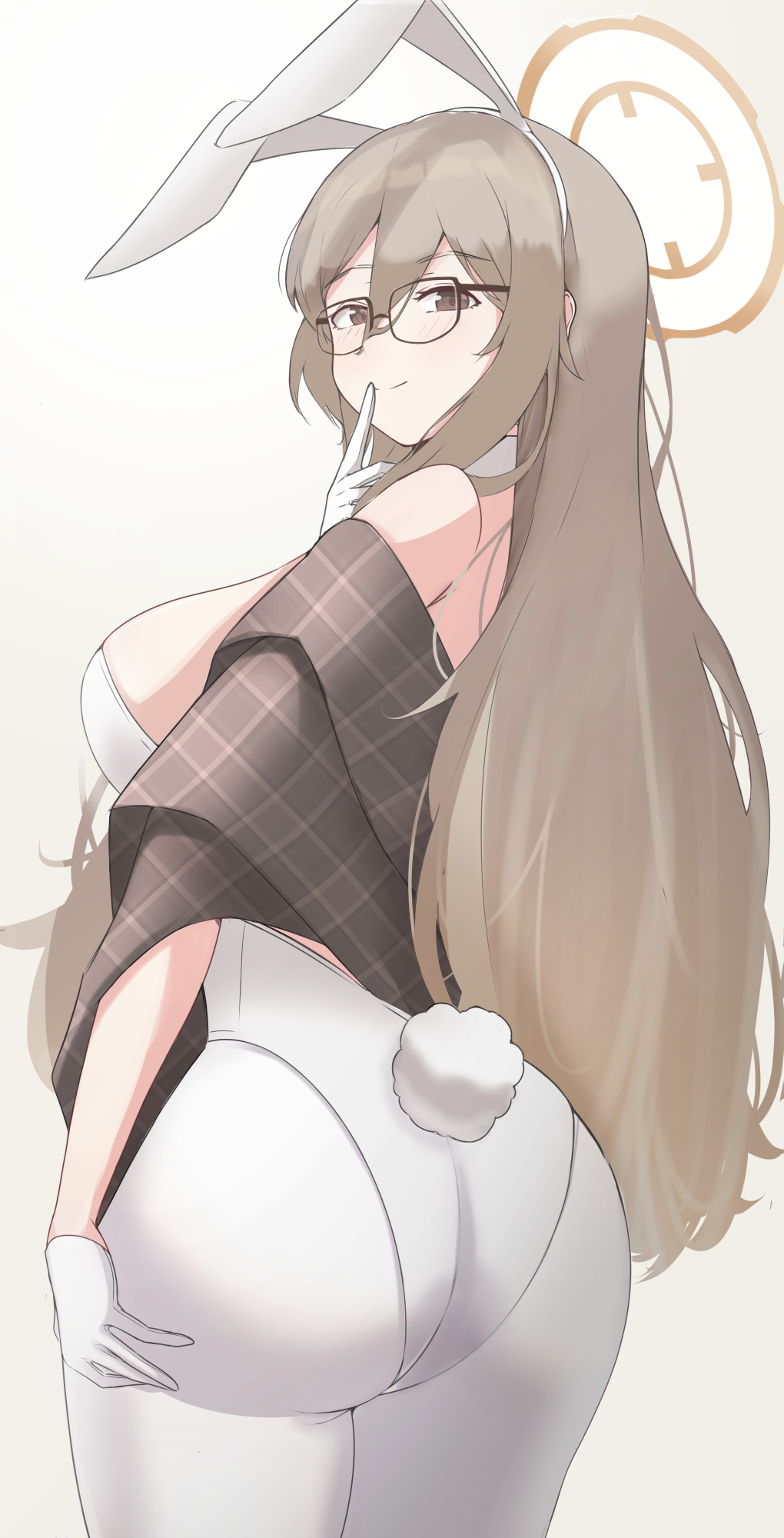 1girl, akane_(blue_archive), akane_(bunny)_(blue_archive), animal_ears, ass, bare_shoulders, blue_archive, breasts, brown_eyes, brown_hair, fake_animal_ears, fake_tail, fingers_to_mouth, from_side, glasses, gloves, hair_between_eyes, hairband, halo, hands_on_own_hips, highres, jacket, large_breasts, leotard, light_brown_hair, long_hair, looking_at_viewer, looking_to_the_side, maruruun, off_shoulder, open_clothes, open_jacket, pantyhose, playboy_bunny, rabbit_ears, rabbit_tail, simple_background, smile, solo, tail, very_long_hair, white_background, white_gloves, white_hairband, white_leotard, white_pantyhose