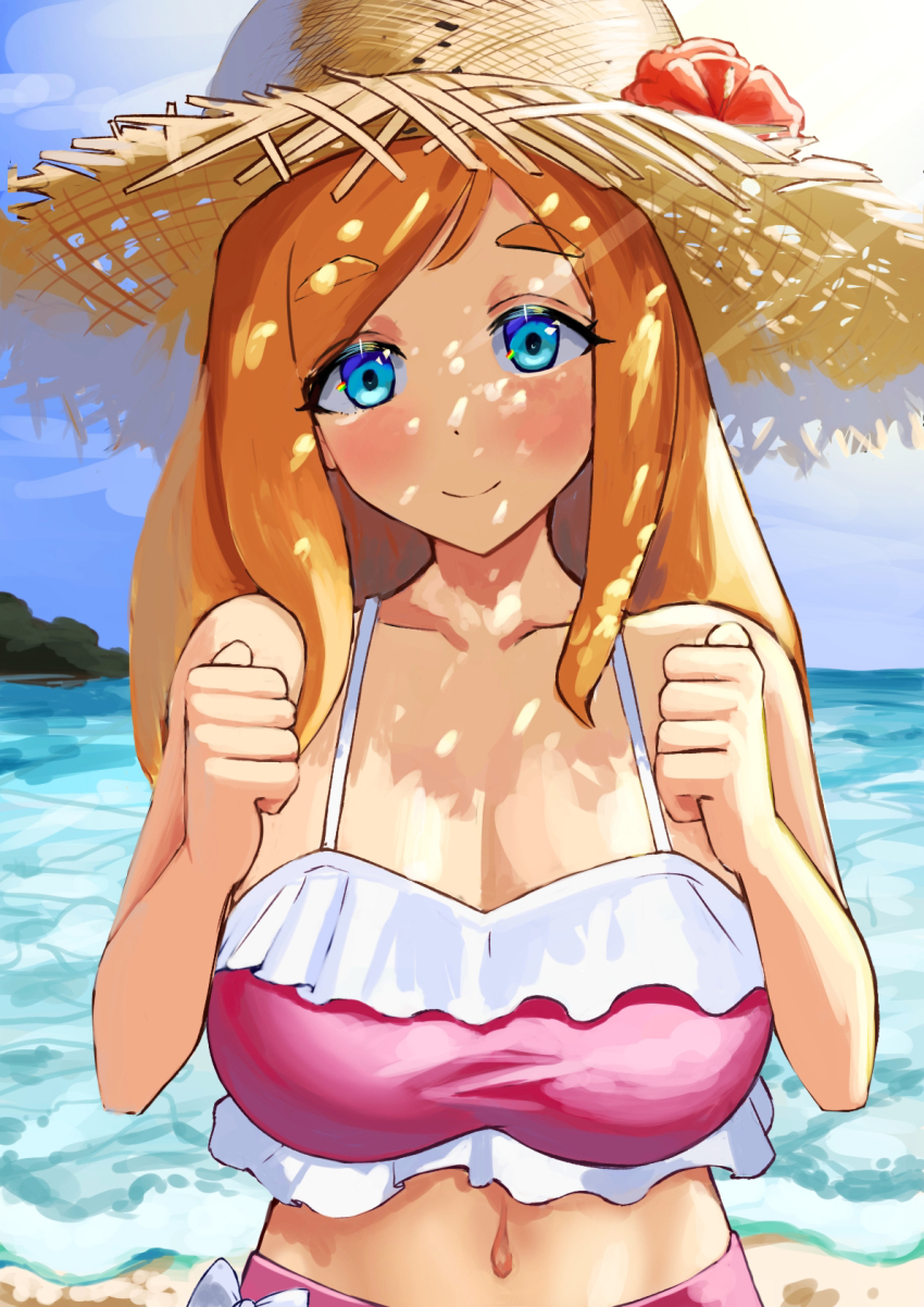 1girl, bare_arms, bare_shoulders, beach, bikini, blue_eyes, blush, breasts