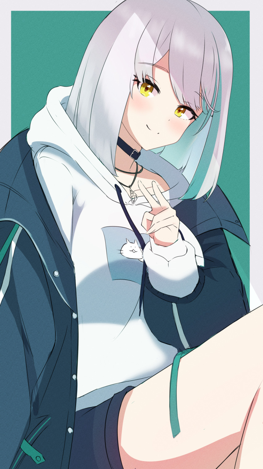 1girl, blush, choker, cowboy_shot, green_background, hair_over_eyes, highres, hood