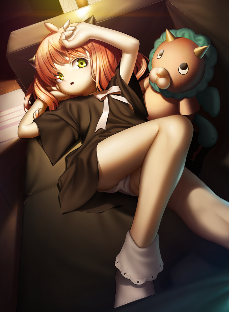 1girl, ahoge, anya_(spy_x_family), arms_up, ass, black_dress, couch, dress, female_focus, green_eyes, hairpods, hand_on_own_cheek, hand_on_own_face, hand_on_own_head, henkyou_(e-f-frontier.net), indoors, knee_up, legs, loli, looking_at_viewer, lying, on_back, panties, pantyshot, pink_hair, short_dress, short_hair, short_sleeves, socks, solo, spy_x_family, stuffed_toy, thighs, underwear, upskirt, white_footwear, white_panties