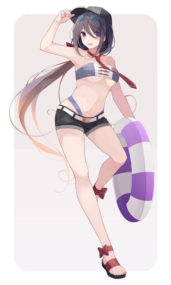 1girl, ariake_(kancolle), ariake_(swimsuit)_(kancolle), barefoot, bikini, black_hat, black_shorts, blush