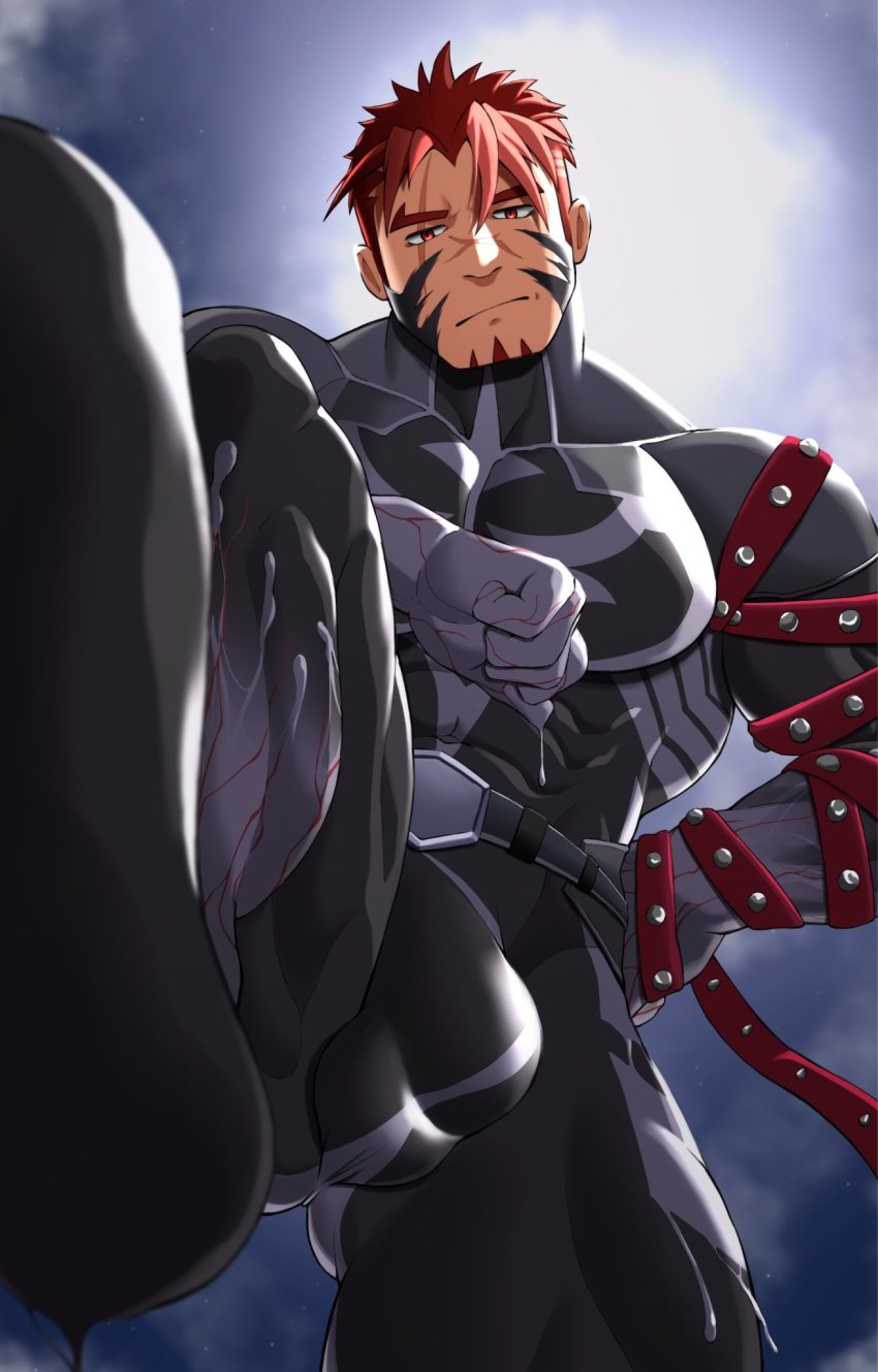 1boy, akashi_(alter)_(live_a_hero), bara, belt, black_belt, black_bodysuit, bodysuit, bulge