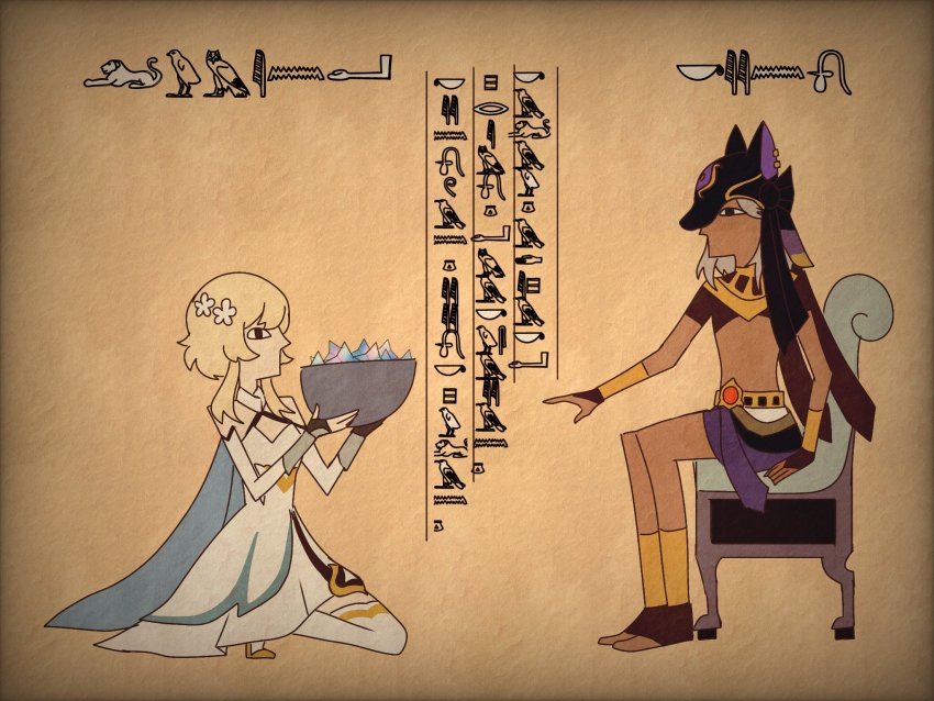 1boy, 1girl, ancient_egyptian, ancient_egyptian_clothes, blonde_hair, bowl, cyno_(genshin_impact), dark-skinned_male, dark_skin, dress, egyptian_art, flower, full_body, genshin_impact, grey_hair, hair_flower, hair_ornament, hieroglyphics, highres, hood, kneeling, long_hair, lumine_(genshin_impact), midriff, primogem, sitting, utsuyeet, white_dress