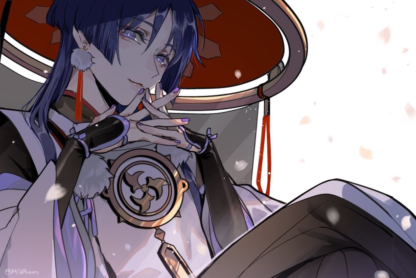 1boy, armor, blue_eyes, blunt_ends, closed_mouth, commentary, crossed_legs, earrings