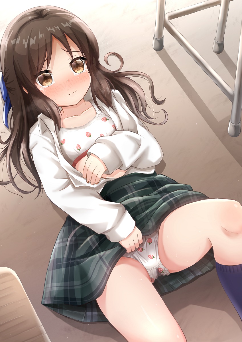 1girl, bad_id, bad_twitter_id, black_socks, blush, bra, brown_eyes, brown_hair