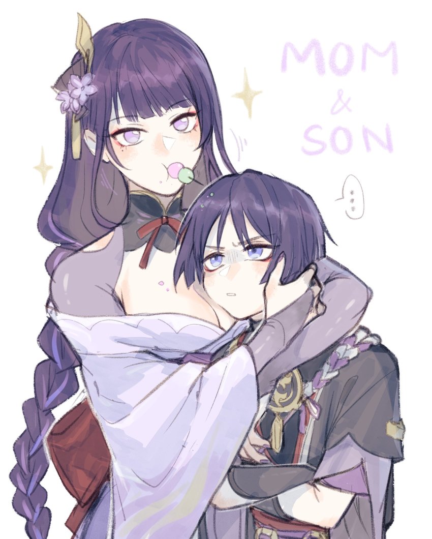 ..., 1boy, 1girl, arm_guards, armor, blue_eyes, bow, bowtie, braid, breast_pillow, breasts, bridal_gauntlets, cleavage, commentary, crossed_arms, crumbs, dango, eating, english_commentary, eyelashes, eyeliner, flower, food, food_on_body, food_on_breasts, food_on_face, genshin_impact, gloom_(expression), hair_flower, hair_ornament, head_on_chest, highres, japanese_armor, japanese_clothes, kimono, kote, kurokote, large_breasts, long_hair, long_sleeves, looking_at_viewer, low-braided_long_hair, low-tied_long_hair, makeup, mgph, mole, mole_under_eye, mother_and_child, mother_and_son, mouth_hold, obi, off_shoulder, parent_and_child, purple_eyes, purple_flower, purple_hair, raiden_shogun, red_bow, red_bowtie, sanshoku_dango, sash, scaramouche_(genshin_impact), short_hair, short_sleeves, shrug_(clothing), simple_background, single_braid, skewer, sparkle, spoken_ellipsis, tight_clothes, upper_body, very_long_hair, wagashi, white_background, wide_sleeves