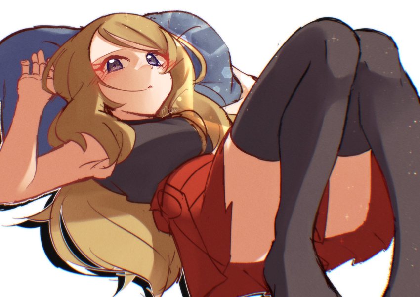 1girl, arm_up, armpits, black_shirt, blonde_hair, blouse, blue_eyes, blush, breasts, highres, legs, lens_flare, long_hair, looking_at_viewer, lying, medium_breasts, mocacoffee_1001, nintendo, on_back, pillow, pokemon, pokemon_x_and_y, red_skirt, serena_(pokemon), shirt, signature, simple_background, skirt, socks, solo, thighhighs, thighs, white_background