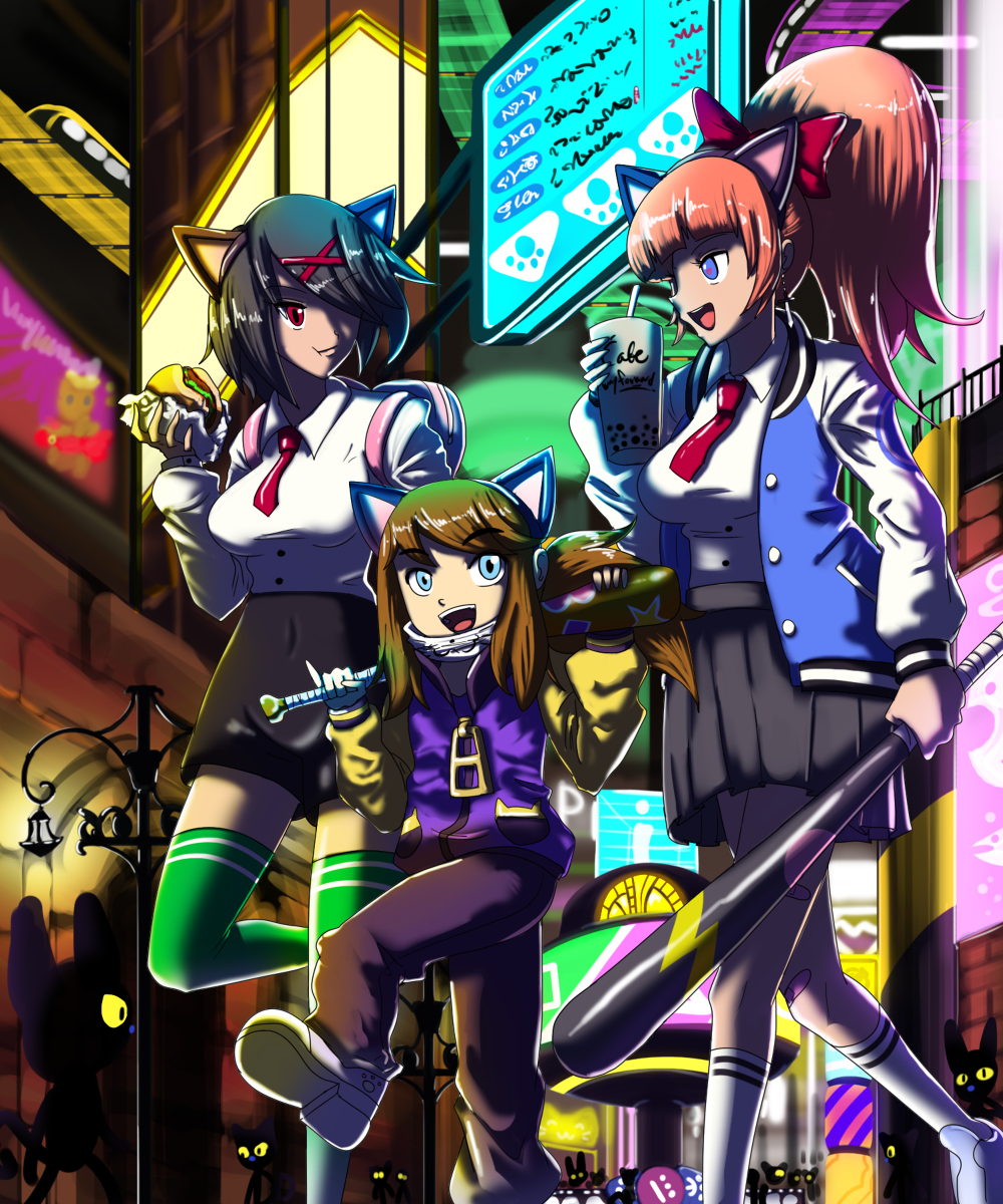 3girls, a_hat_in_time, animal_ears, baseball_bat, black_hair, blue_eyes, bow, breasts