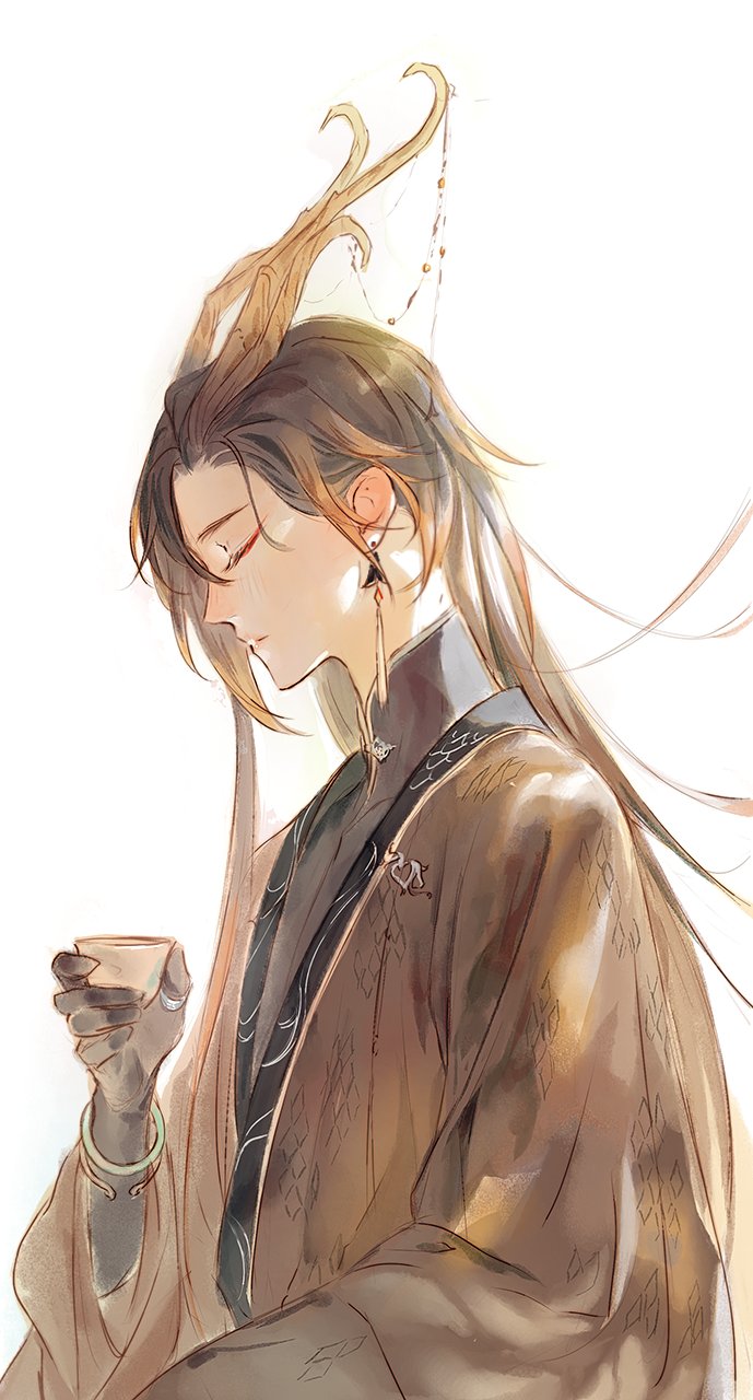 1boy, antlers, beads, black_gloves, black_hair, bracelet, brown_hair, chinese_clothes