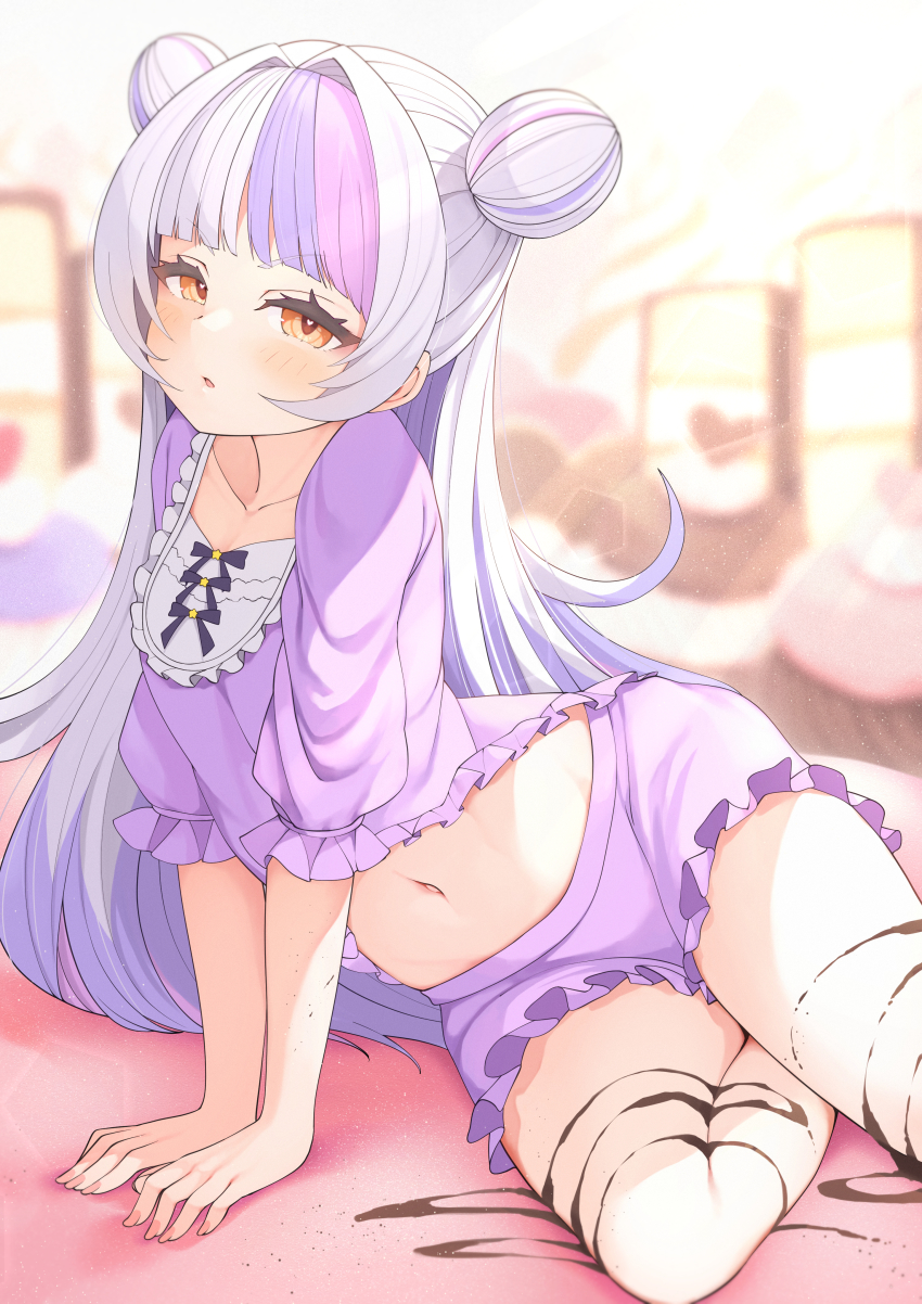 1girl, absurdres, arm_support, blush, brown_eyes, chocolate, double_bun, hair_bun