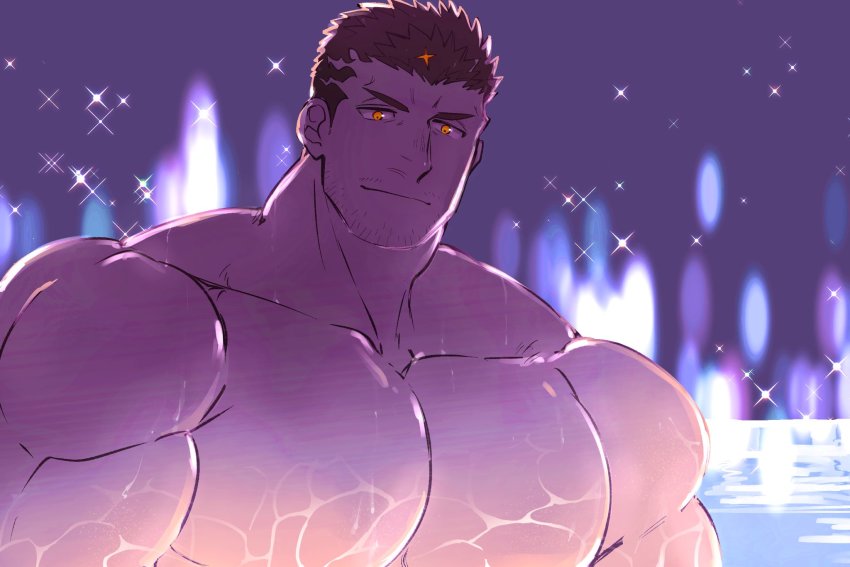 1boy, asahi_(zabaniyan), bara, beard, black_hair, facial_hair, highres, large_pectorals