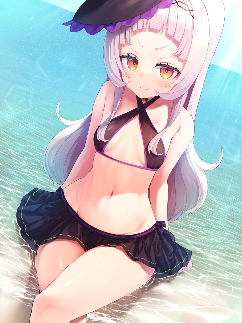 1girl, absurdres, arms_behind_back, beach, bikini, bikini_top_only, black_bikini, black_hat, black_skirt, breasts, brown_eyes, halterneck, hat, highres, hololive, kage_(ka_9e_4su), long_hair, lowleg, lowleg_skirt, miniskirt, murasaki_shion, murasaki_shion_(hololive_summer_2019), navel, ocean, partially_submerged, sitting, skirt, small_breasts, smile, solo, swimsuit, thighs, virtual_youtuber, water, white_hair, witch_hat