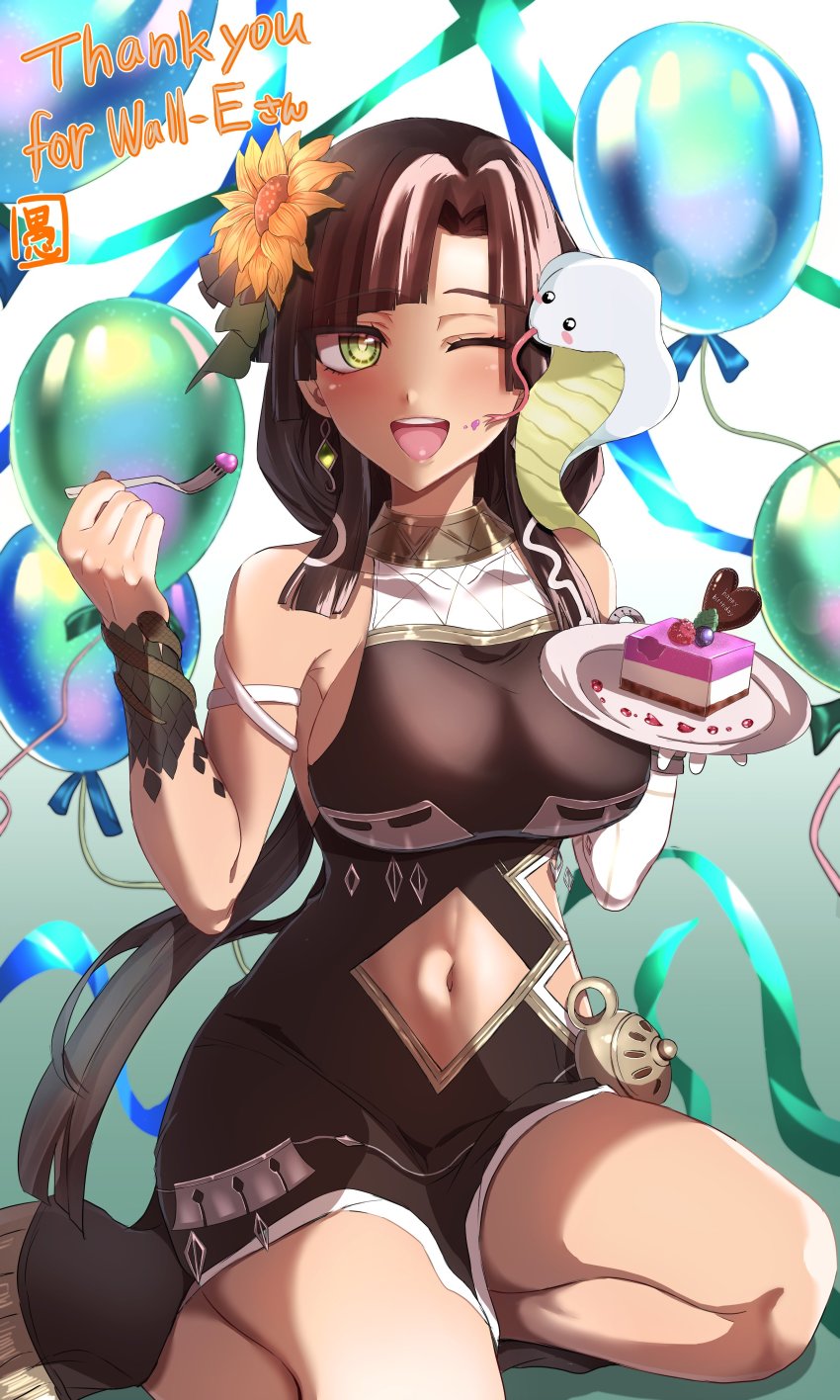 1girl, absurdres, balloon, black_hair, breasts, cake, clothing_cutout, cobra_(animal)