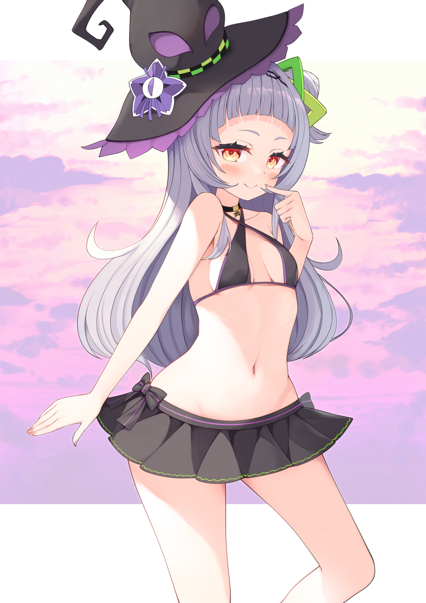 1girl, absurdres, bikini, bikini_top_only, black_bikini, black_hat, blush, breasts