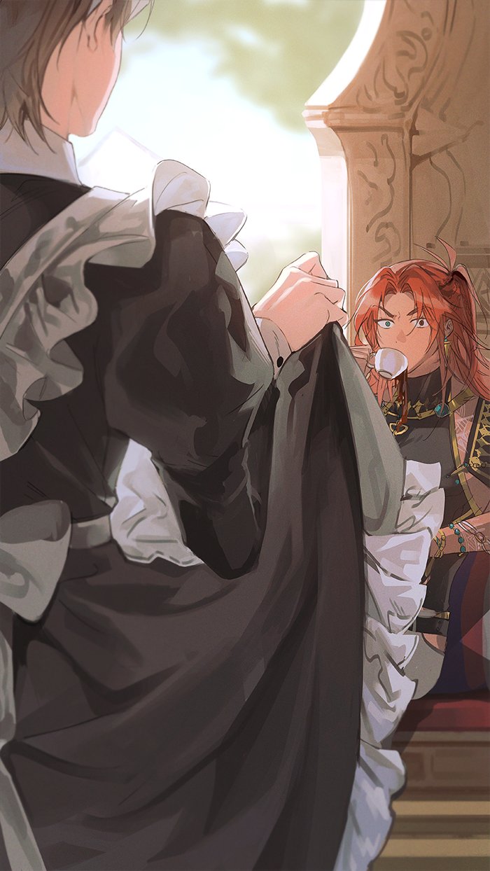 2boys, apron, back_bow, bead_bracelet, beads, black_dress, black_shirt, blurry