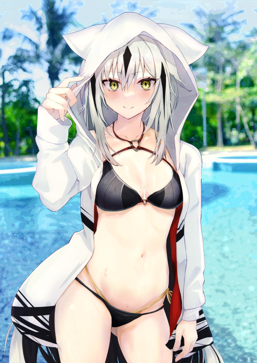 1girl, bikini, black_bikini, black_hair, blush, breasts, cleavage, collarbone, fate/grand_order, fate_(series), fukiya_(fumiakitoyama), hair_between_eyes, highres, hood, hooded_jacket, jacket, koha-ace, long_hair, long_sleeves, looking_at_viewer, medium_breasts, multicolored_hair, nagao_kagetora_(fate), navel, open_clothes, open_jacket, pool, smile, solo, streaked_hair, swimsuit, thighs, two-tone_hair, wading, white_hair, white_jacket, yellow_eyes