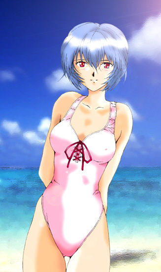 ayanami_rei, bad_id, bad_pixiv_id, blue_hair, hinoe_riho, neon_genesis_evangelion, one-piece_swimsuit, red_eyes, short_hair, solo, swimsuit
