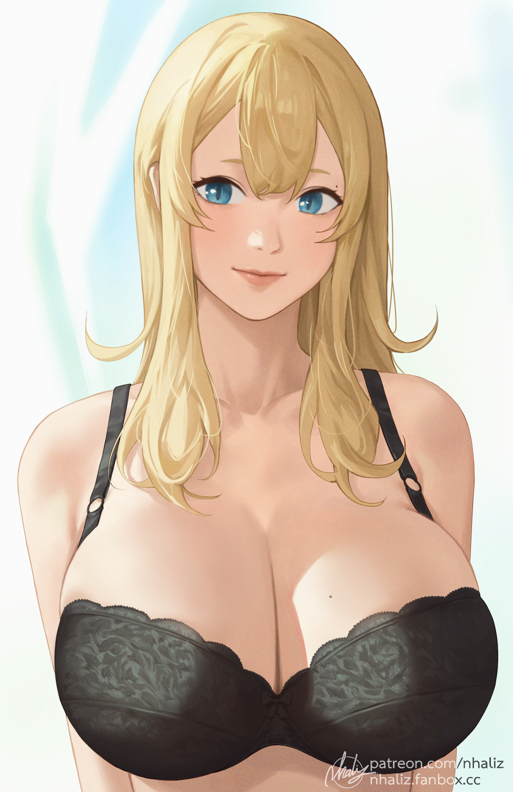 1girl, bare_shoulders, black_bra, blonde_hair, blue_eyes, bra, breasts, claire_lamund_(nhaliz)