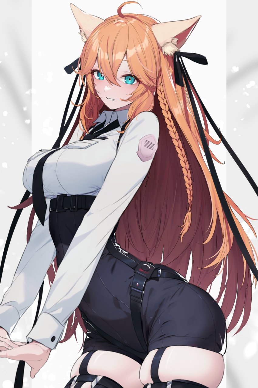 1girl, absurdres, animal_ears, aqua_eyes, arched_back, protagonist_(pso2), bodysuit, braid