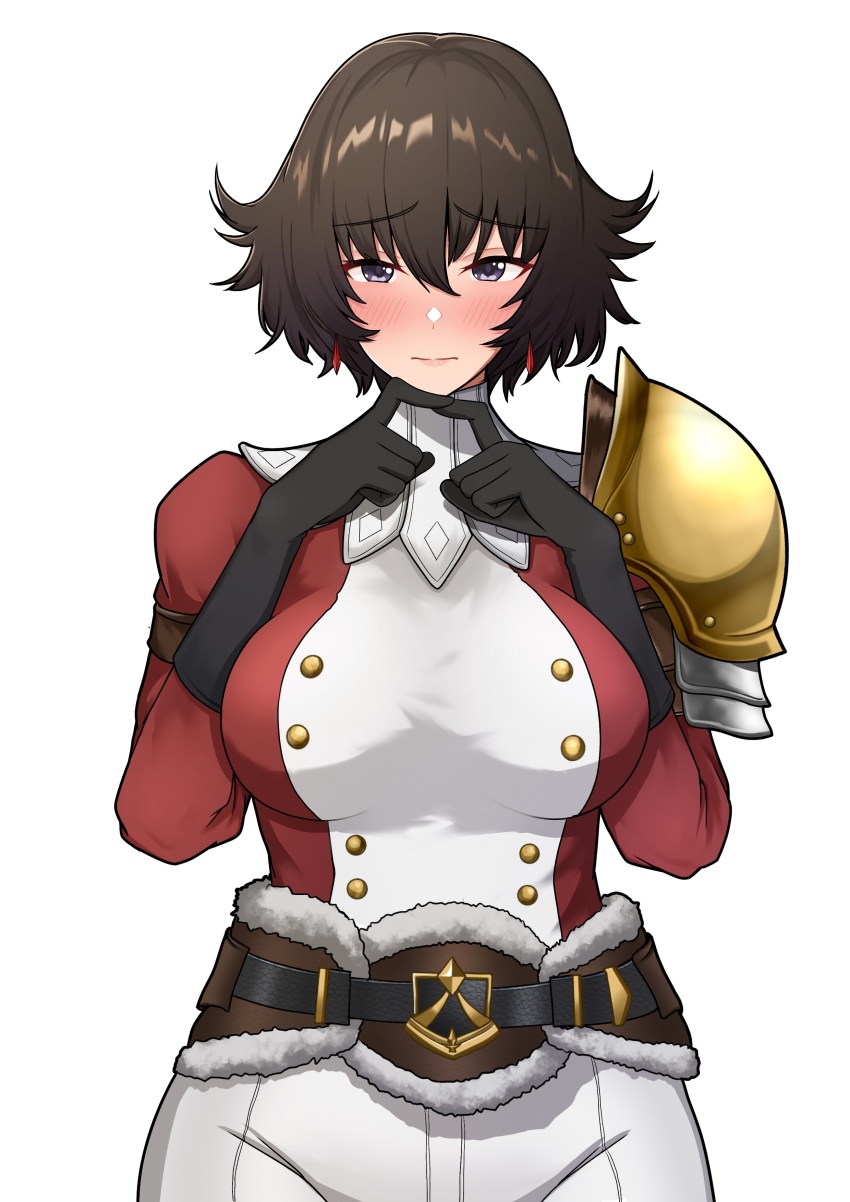 1girl, absurdres, armor, belt, black_gloves, blush, breasts, brown_hair