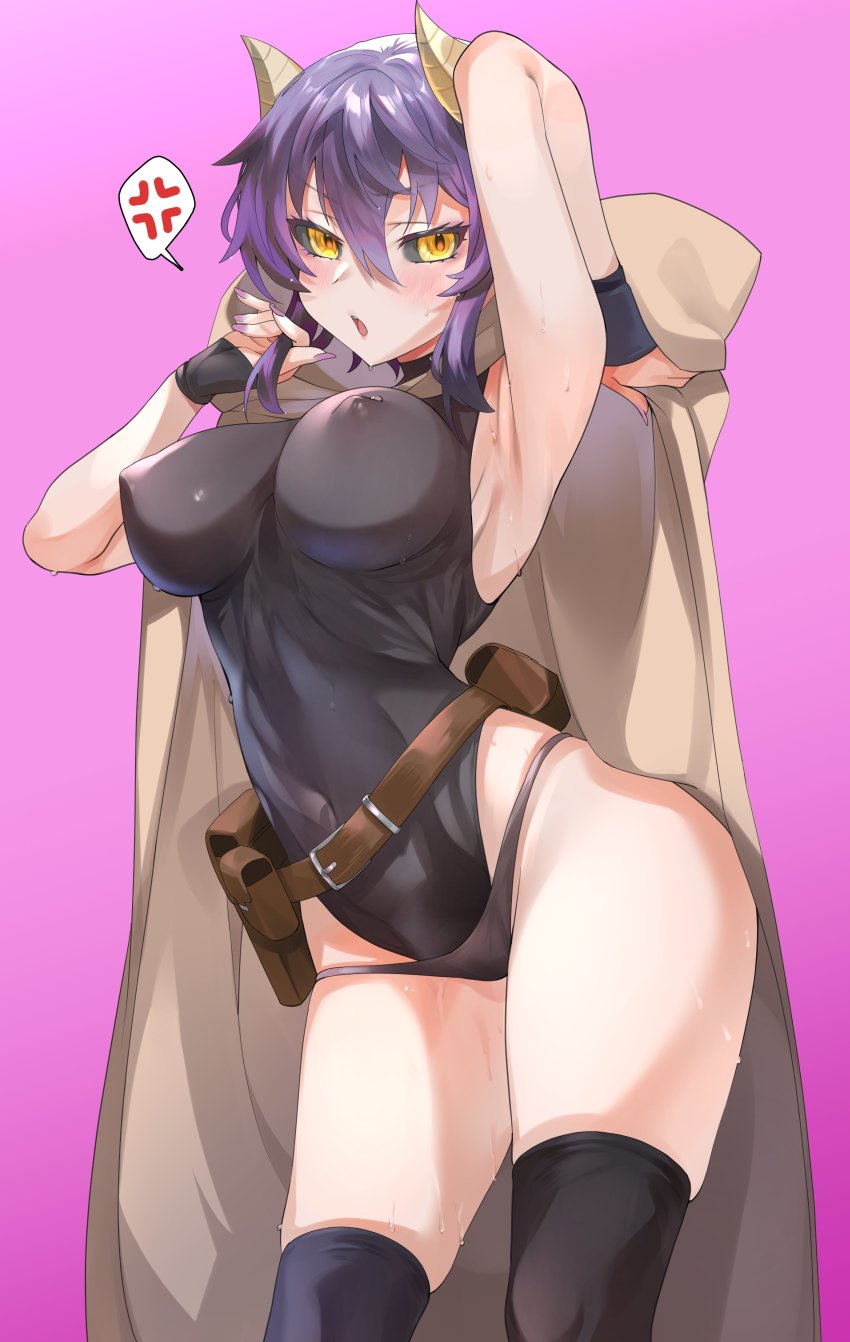 1girl, absurdres, amona_(dark_summoner_to_dekite_iru), arm_up, armpits, belt, black_sclera, breasts, cloak, colored_sclera, covered_erect_nipples, covered_navel, dark_summoner_to_dekite_iru, demon_girl, demon_horns, gloves, highleg, highleg_leotard, highres, horns, large_breasts, leotard, nail_polish, open_mouth, panties, purple_hair, sharekoube, simple_background, skindentation, solo, sweat, thighhighs, underwear, yellow_eyes