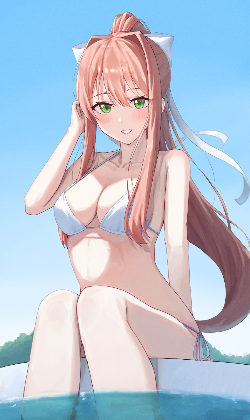1girl, :d, absurdres, bare_arms, bare_shoulders, bikini, blue_sky, blush