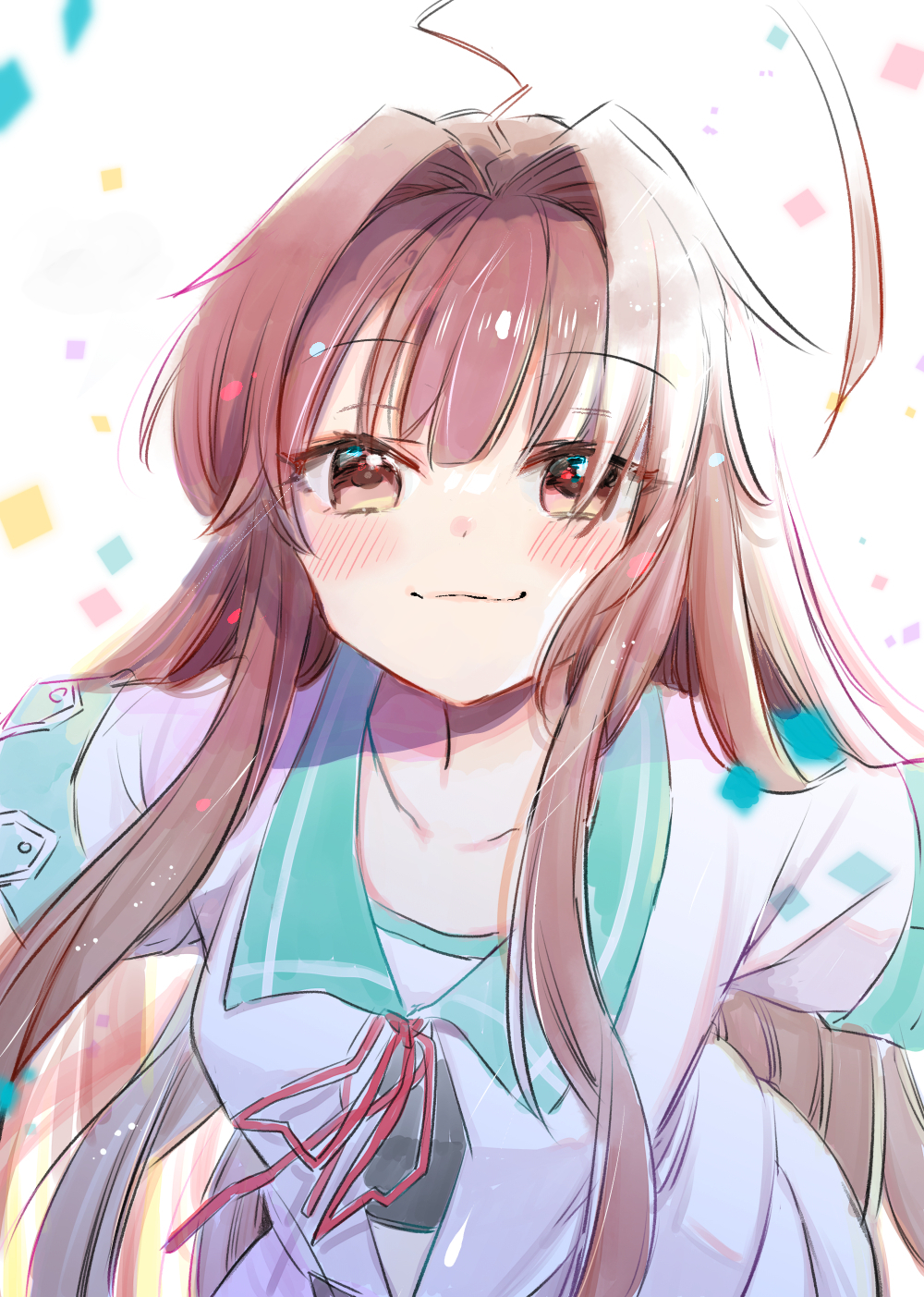 1girl, ahoge, brown_eyes, brown_hair, commentary_request, dated, fang, green_sailor_collar