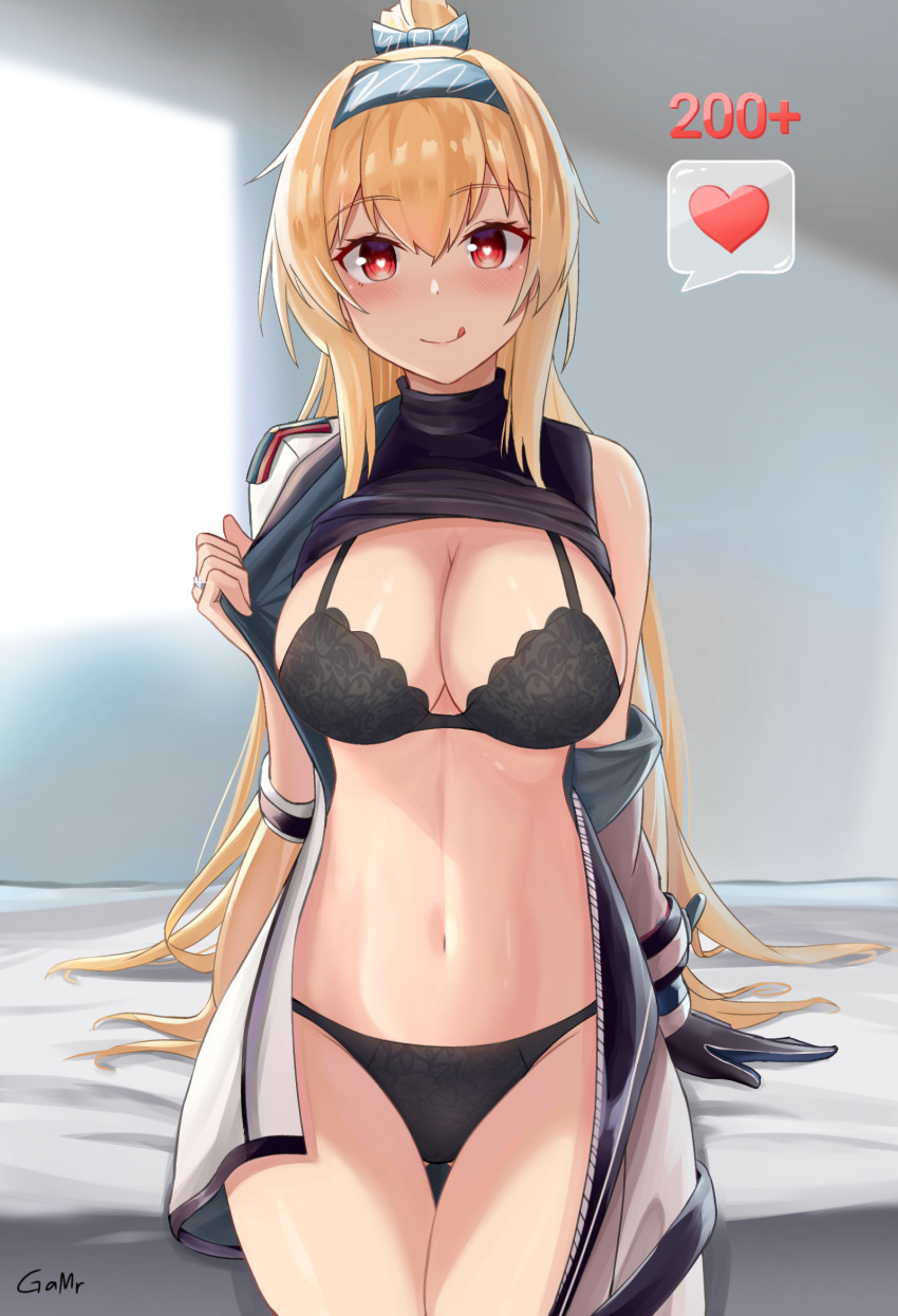 1girl, :p, blonde_hair, blush, bolt_action, bra, cowboy_shot, gamryous, girls'_frontline, gun, hair_between_eyes, hairband, high_ponytail, highres, jewelry, long_hair, navel, panties, partially_undressed, ponytail, red_eyes, rifle, ring, sidelocks, sniper_rifle, solo, sv-98, sv-98_(girls'_frontline), tongue, tongue_out, underwear, very_long_hair, weapon, wedding_ring