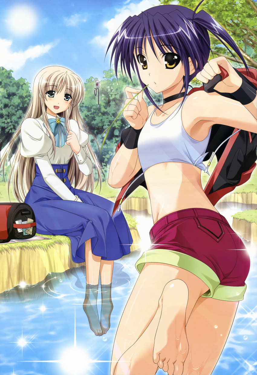 00s, 2girls, absurdres, barefoot, blonde_hair, blue_hair, bow, choker, cloud, crop_top, day, dress, feet, flat_chest, green_eyes, higa_yukari, highres, isis_egret, lily-strosek, long_hair, looking_back, lyrical_nanoha, mahou_senki_lyrical_nanoha_force, mahou_shoujo_lyrical_nanoha, midriff, multiple_girls, nyantype, official_art, outdoors, scan, short_hair, shorts, sitting, sky, soaking_feet, soles, sparkle, steed, steed_(nanoha), toes, tomboy, very_long_hair, wading, water, wristband, yellow_eyes