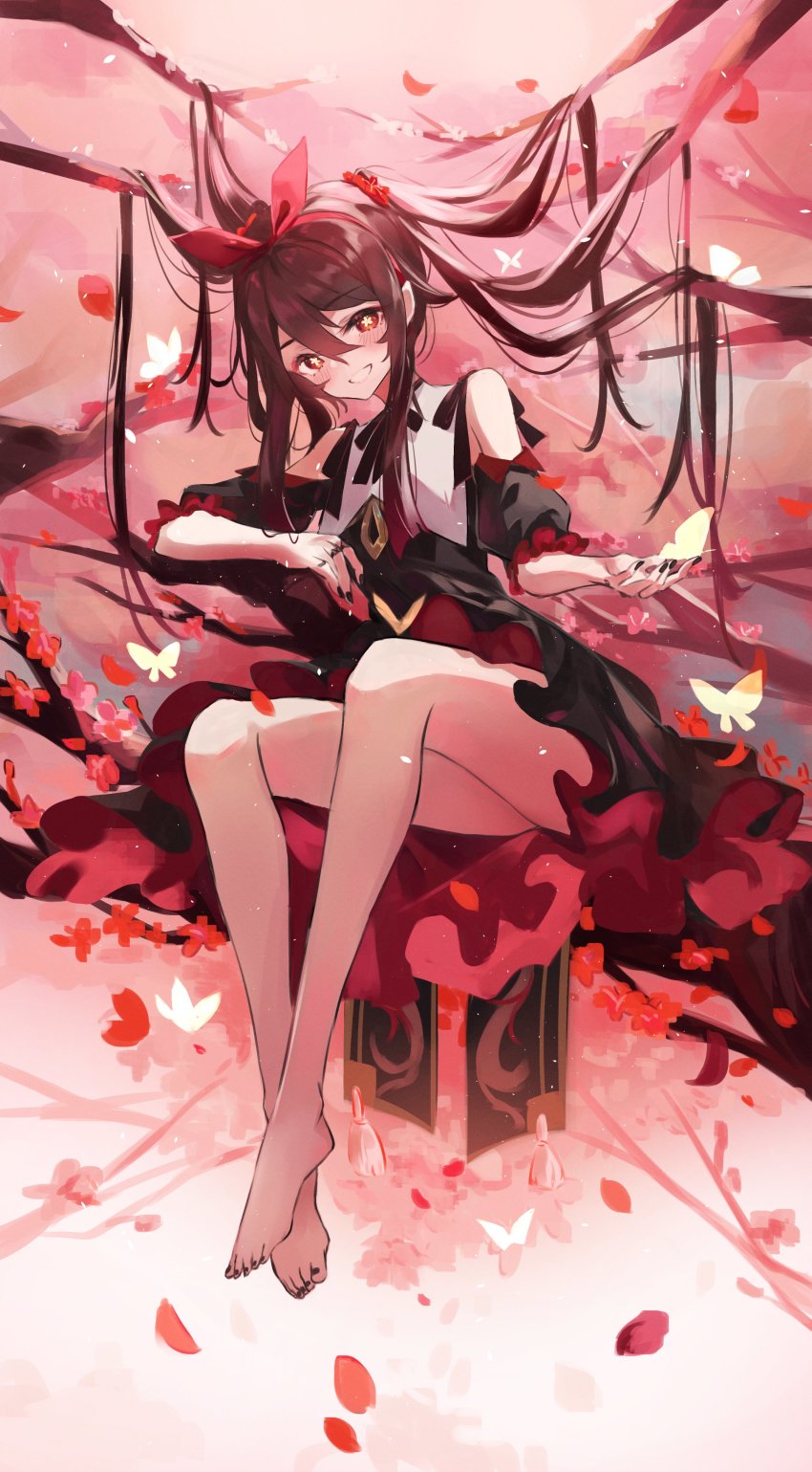 1girl, absurdres, arm_rest, barefoot, black_bow, black_dress, black_nails, blush