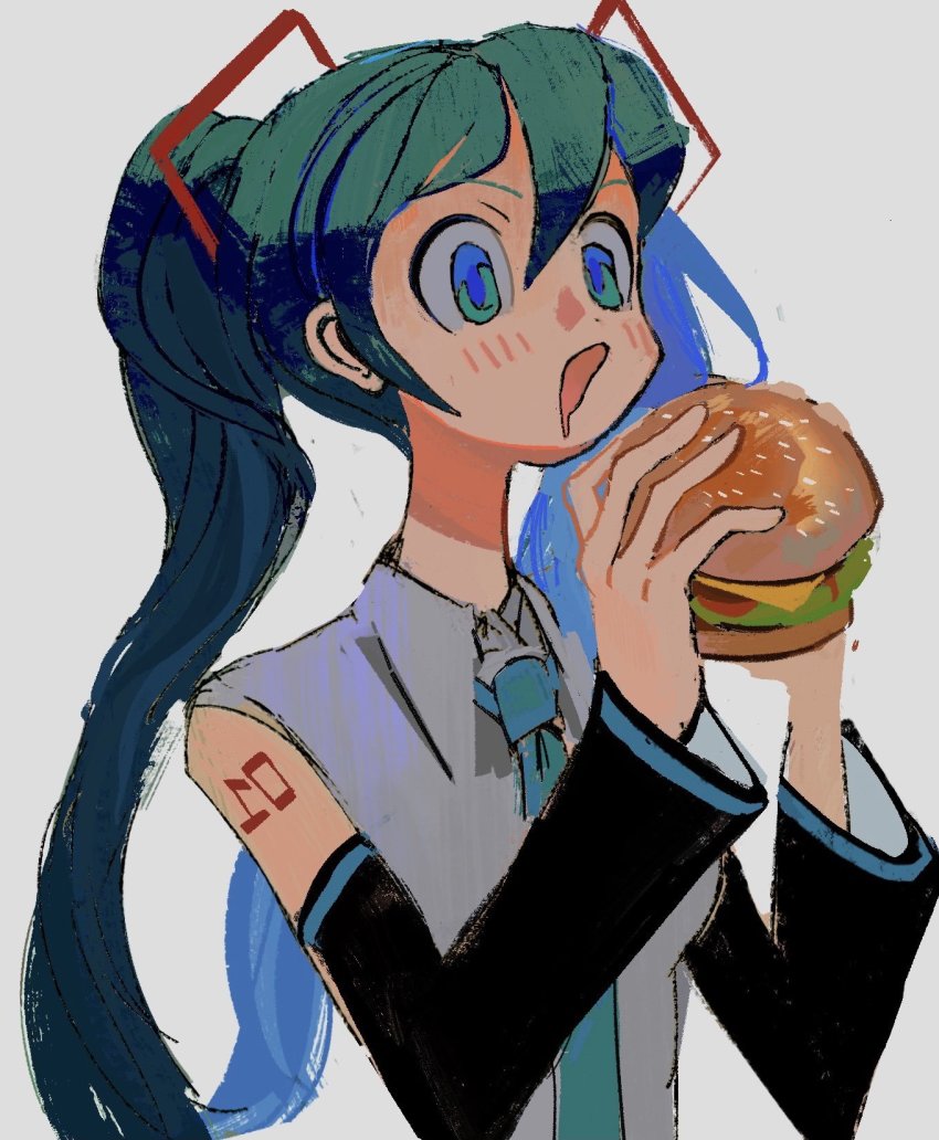 1girl, aqua_eyes, aqua_hair, bare_shoulders, bigskycastle, blush, burger, detached_sleeves