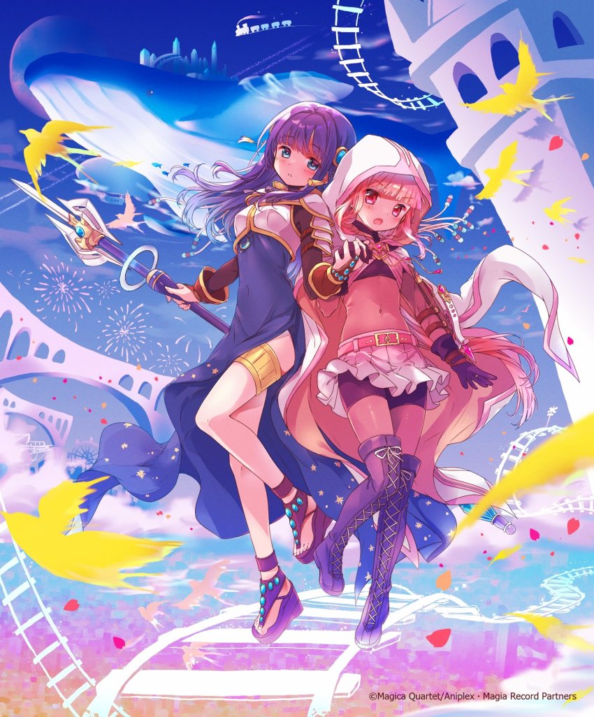 2girls, arch, arm_at_side, armor, beads, belt, bird, black_gloves, black_shirt, black_shorts, blue_dress, blue_eyes, blue_gem, blue_hair, blue_ribbon, blunt_bangs, blush, bodystocking, boots, bow_(weapon), braid, breastplate, bridal_gauntlets, brown_footwear, cloak, colorized, covered_navel, crescent, crescent_necklace, crop_top, crossbow, derivative_work, dot_nose, dress, eyes_visible_through_hair, falling_petals, full_body, gem, gloves, hair_intakes, halberd, highres, holding_hands, hood, hood_up, hooded_cloak, jewelry, kashi_neko, lace-up_boots, leg_up, long_dress, long_hair, long_sleeves, looking_at_viewer, magia_record:_mahou_shoujo_madoka_magica_gaiden, magical_girl, mahou_shoujo_madoka_magica, multicolored_background, multiple_girls, nanami_yachiyo, neck_ribbon, necklace, nurimas, open_mouth, parted_lips, petals, pink_belt, pink_eyes, pink_gem, pink_hair, pink_skirt, platform_footwear, pleated_skirt, polearm, punyan, railroad_tracks, ribbon, sandals, scenery, shirt, shoelaces, short_sleeves, shorts, shorts_under_skirt, side_braids, side_slit, sidelocks, skirt, star_(symbol), star_print, swept_bangs, tamaki_iroha, tassel, thigh_boots, train, turtleneck, twin_braids, v-shaped_eyebrows, veil, weapon, whale, white_armor, white_cloak