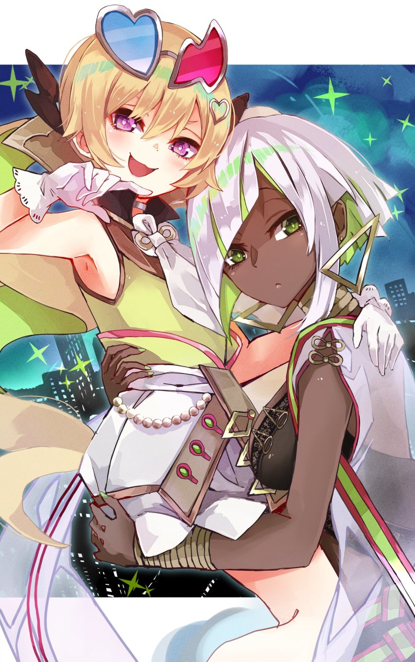 2girls, absurdres, asymmetrical_eyewear, bare_shoulders, blonde_hair, bracelet, carrying, carrying_person, city, colored_inner_hair, dark-skinned_female, dark_skin, duel_monster, evil_twin's_trouble_sunny, eyewear_on_head, gloves, green_eyes, green_hair, green_nails, heterochromatic_eyewear, highres, jewelry, luna_(dm)_(yu-gi-oh!), multicolored_hair, multiple_girls, nail_polish, open_mouth, purple_eyes, skirt, sunglasses, surphase, tinted_eyewear, white_gloves, white_hair, yu-gi-oh!