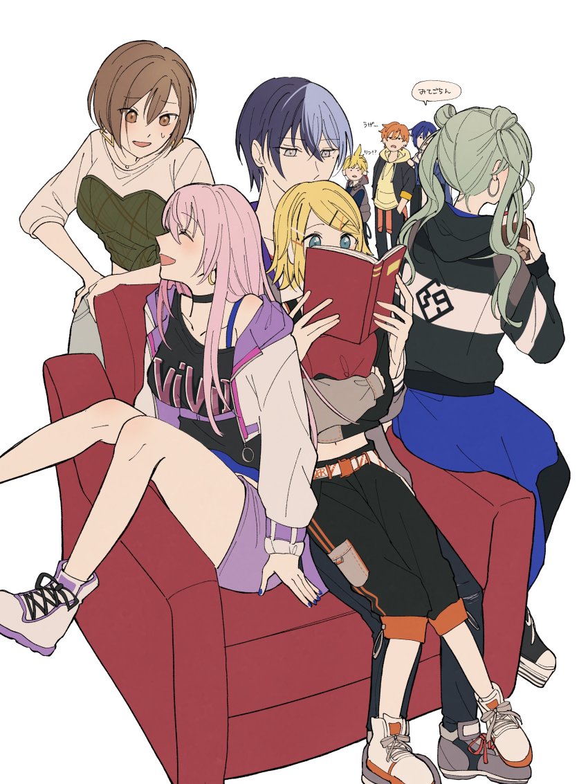 4boys, 4girls, absurdres, aoyagi_touya, armchair, blonde_hair, blue_hair, blush