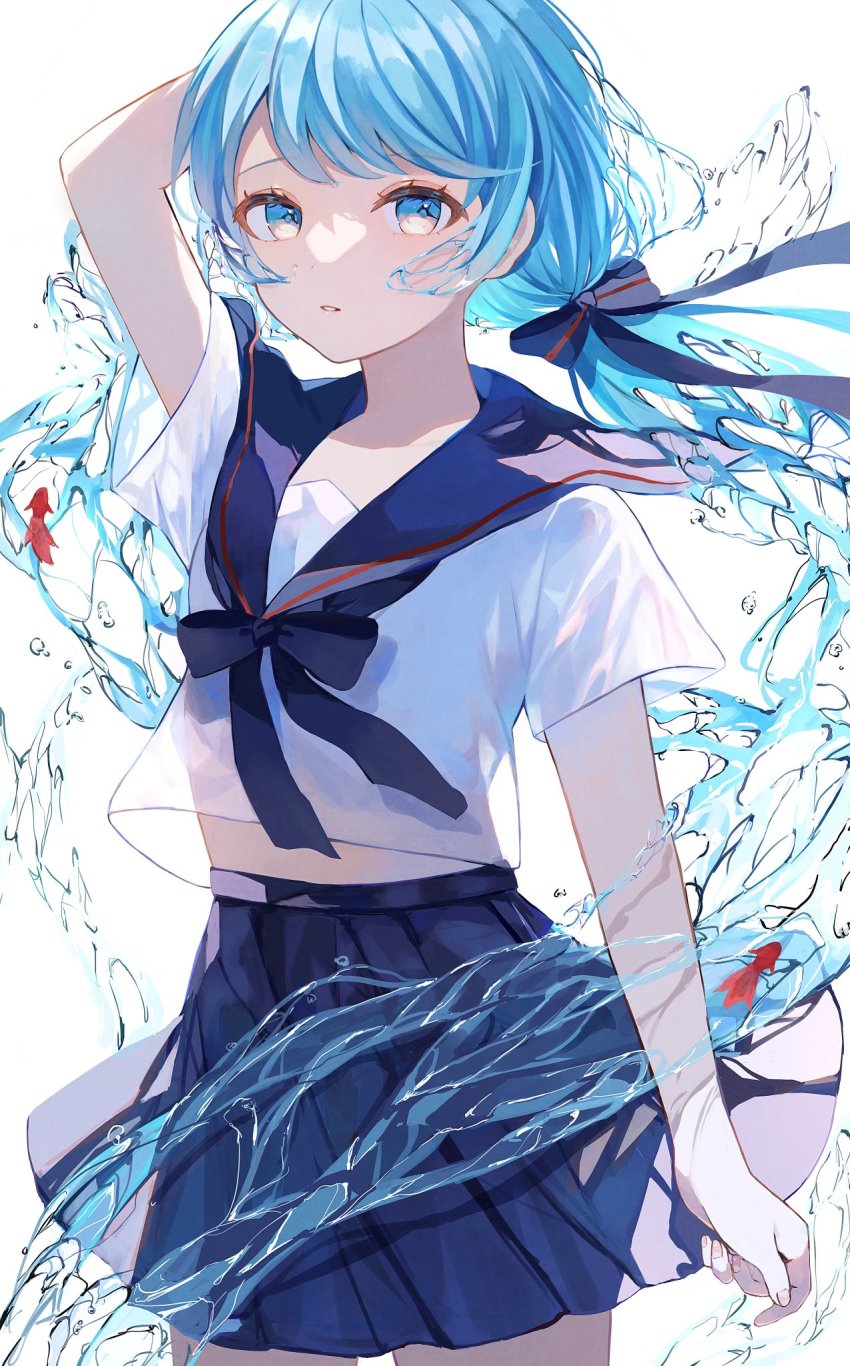 1girl, aqua_hair, arm_behind_head, arm_up, blue_bow, blue_eyes, bow, bowtie