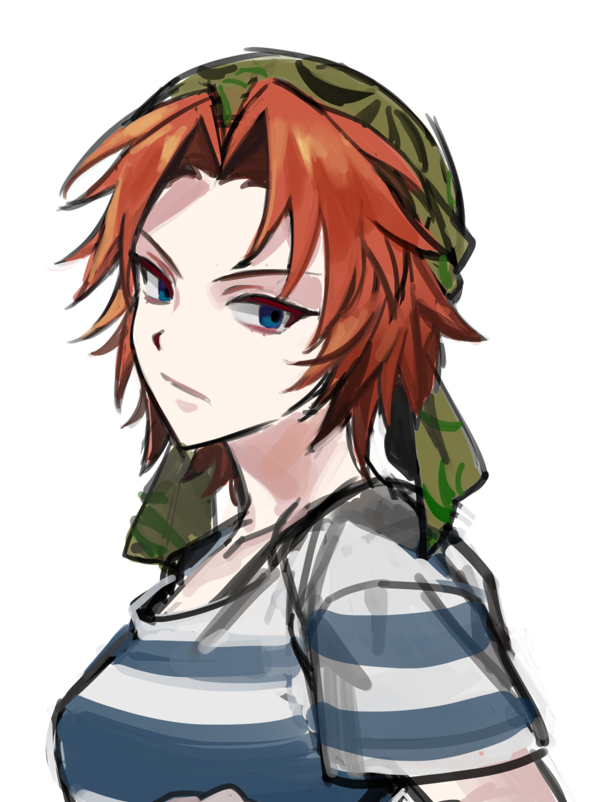 1girl, :/, annie_(saibou_shinkyoku), bandana, blue_eyes, closed_mouth, commentary_request, green_bandana