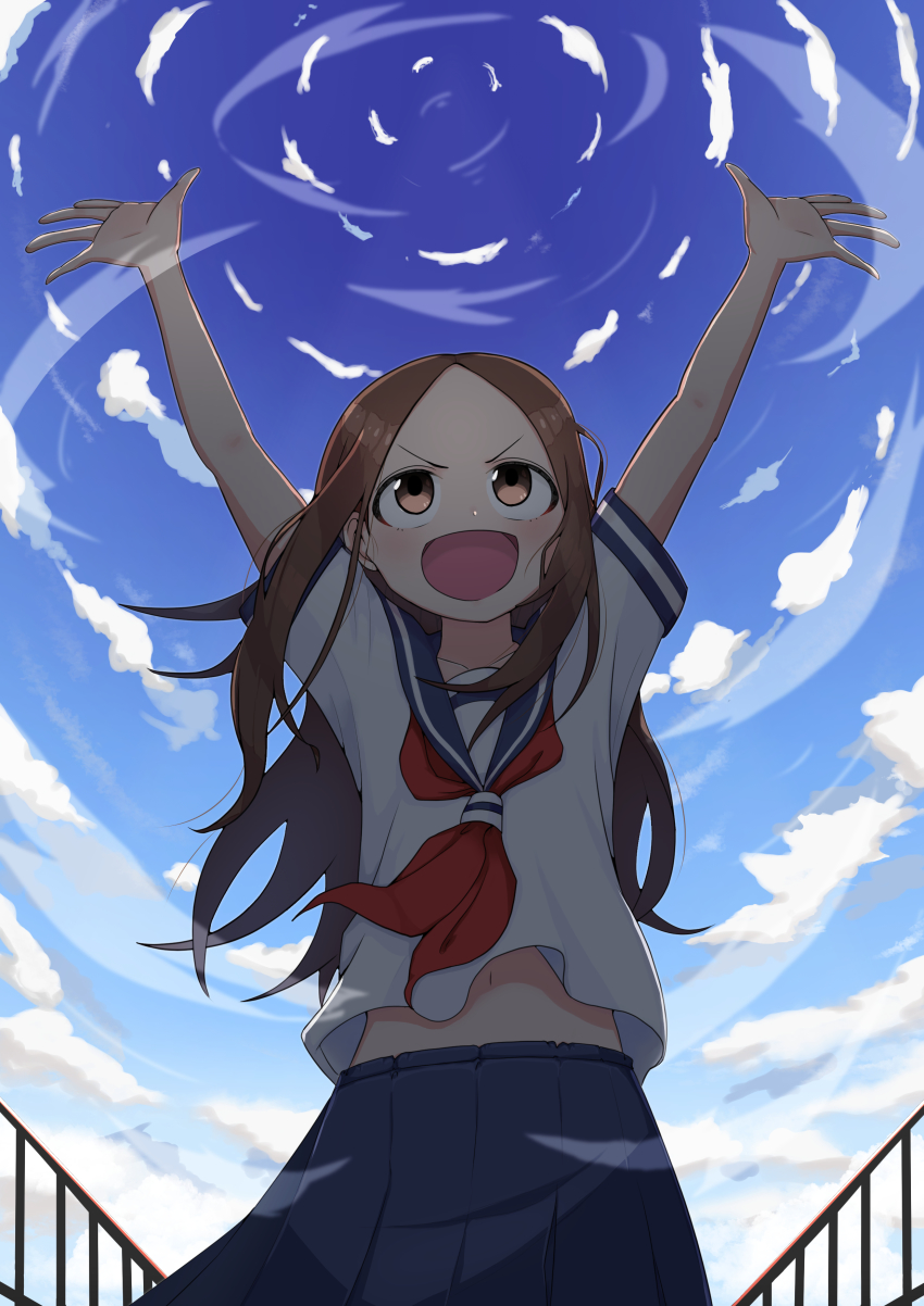 1girl, :d, absurdres, arms_up, blue_skirt, blue_sky, brown_eyes, brown_hair
