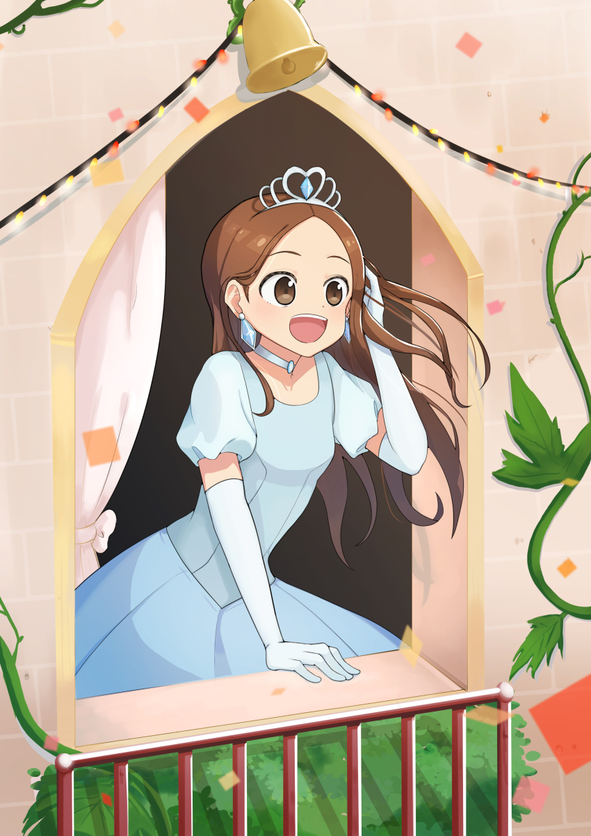 1girl, absurdres, bell, blue_choker, blue_dress, brown_eyes, brown_hair, choker