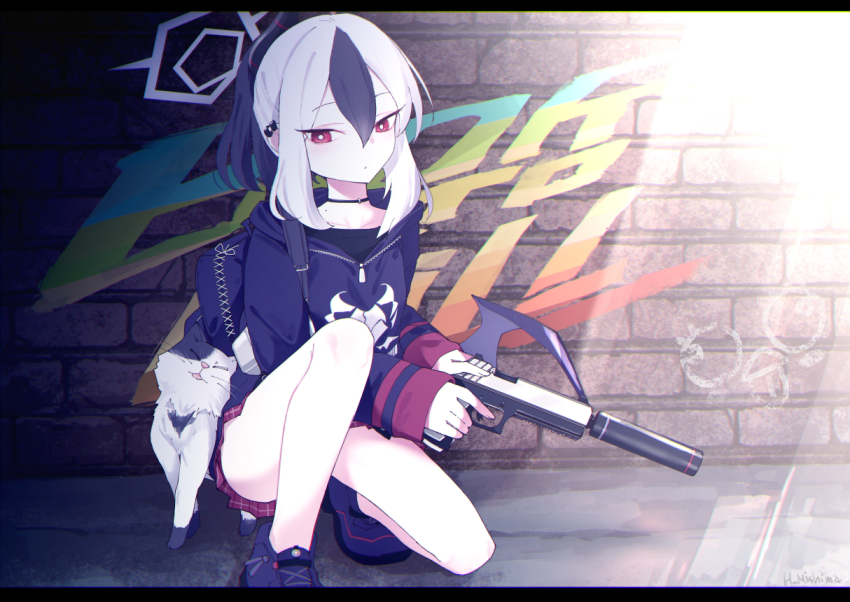 1girl, backpack, bag, black_hair, black_hoodie, black_shirt, black_shoes, blue_archive