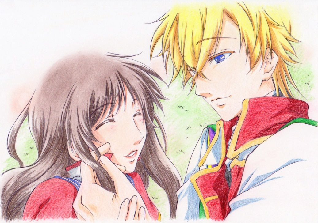 1boy, 1girl, alberto_hawk, blonde_hair, blue_eyes, brown_hair, closed_eyes, finger_to_cheek