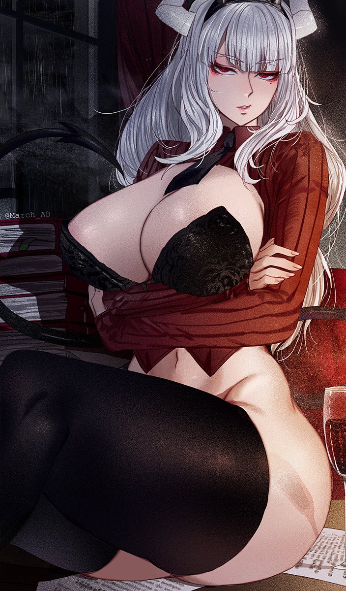 1girl, black_bra, book, bra, breasts, cleavage, crossed_arms, demon_horns