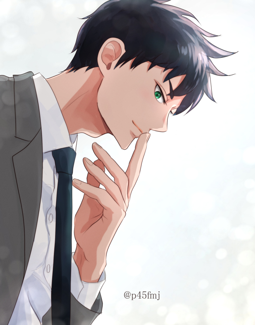 1boy, adam's_apple, artist_name, black_hair, black_necktie, finger_to_mouth, formal_clothes, grey_suit