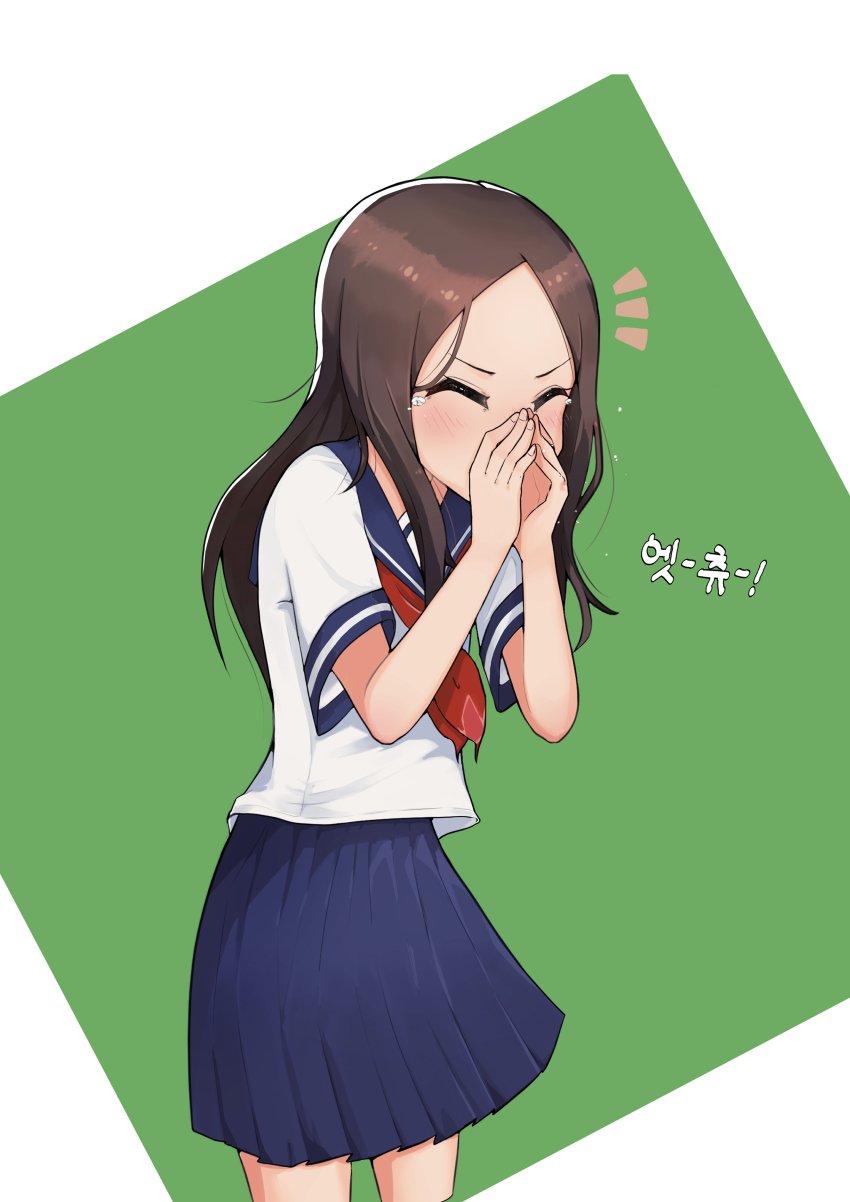 1girl, absurdres, blue_sailor_collar, blue_skirt, brown_hair, closed_eyes, green_background, highres