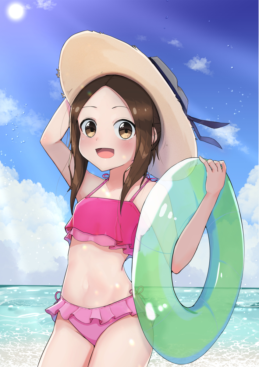 :d, absurdres, arm_up, beach, bikini, blue_sky, blush, brown_eyes, brown_hair, cloud, day, hat, highres, holding, holding_swim_ring, innertube, karakai_jouzu_no_takagi-san, medium_hair, oo_s, open_mouth, outdoors, pink_bikini, sky, smile, standing, sun_hat, swim_ring, swimsuit, takagi-san, water