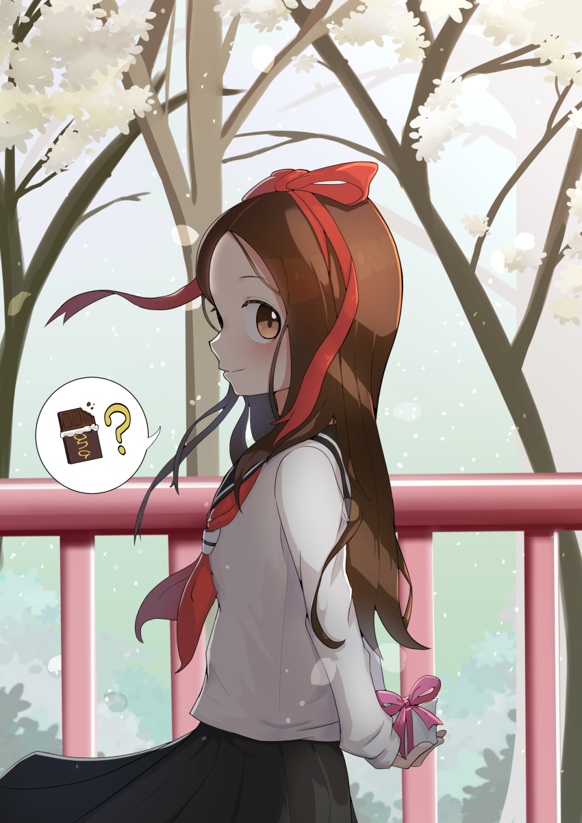 1girl, ?, absurdres, arms_behind_back, brown_eyes, brown_hair, day, gift