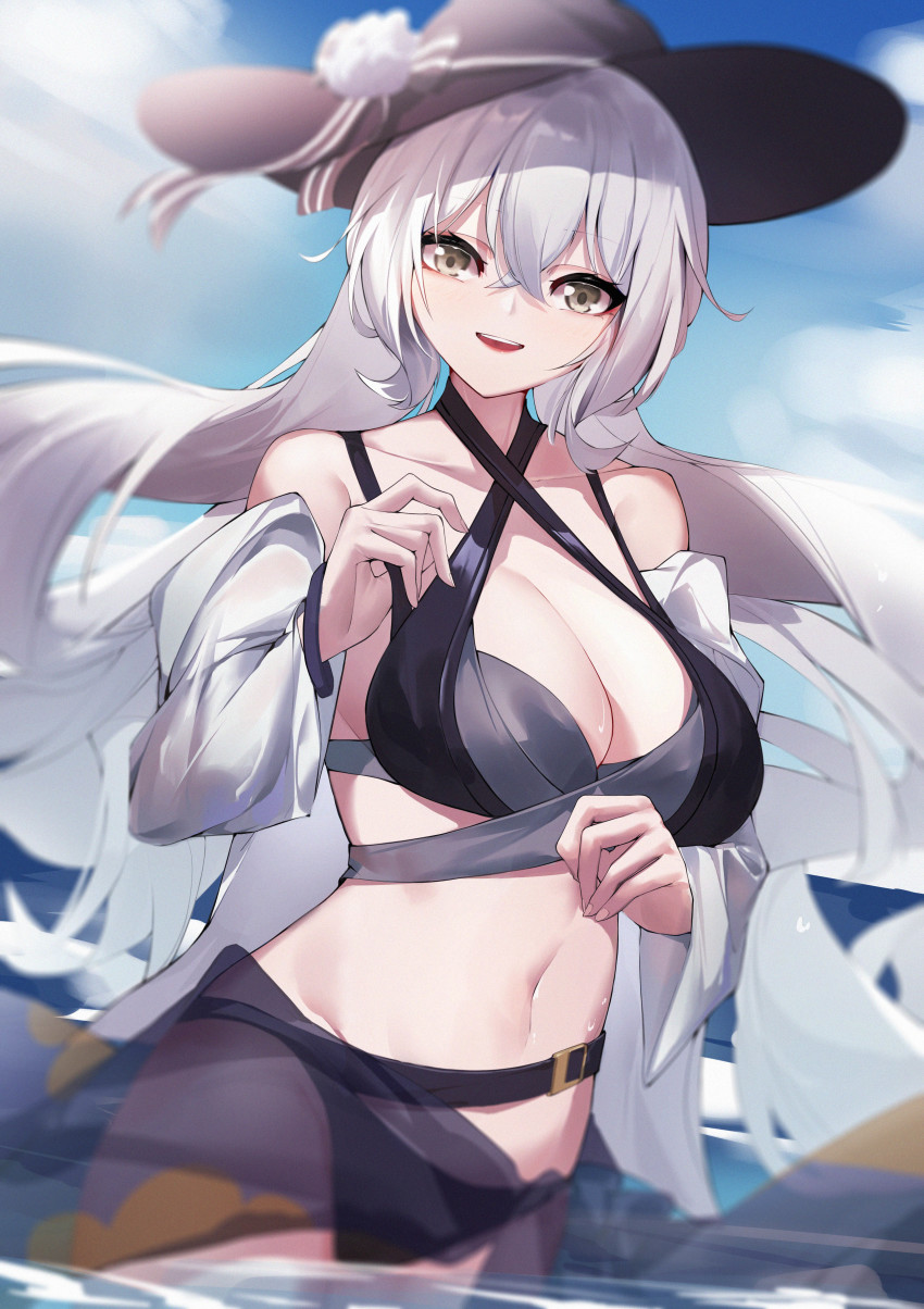 1girl, absurdres, bare_shoulders, bikini, black_bikini, black_hat, breasts, bronya_zaychik