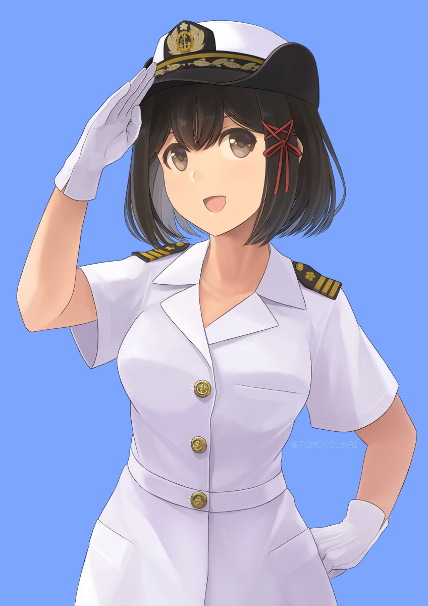 1girl, alternate_costume, badge, black_hair, blue_background, breasts, brown_eyes, epaulettes