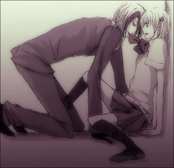 00s, 1boy, 1girl, couple, colored_bangs, gradient_background, hetero, katsuragi_yako