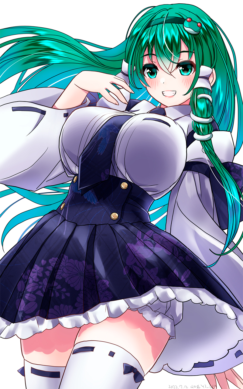 1girl, :d, adapted_costume, blue_necktie, breasts, collared_shirt, cowboy_shot, detached_sleeves